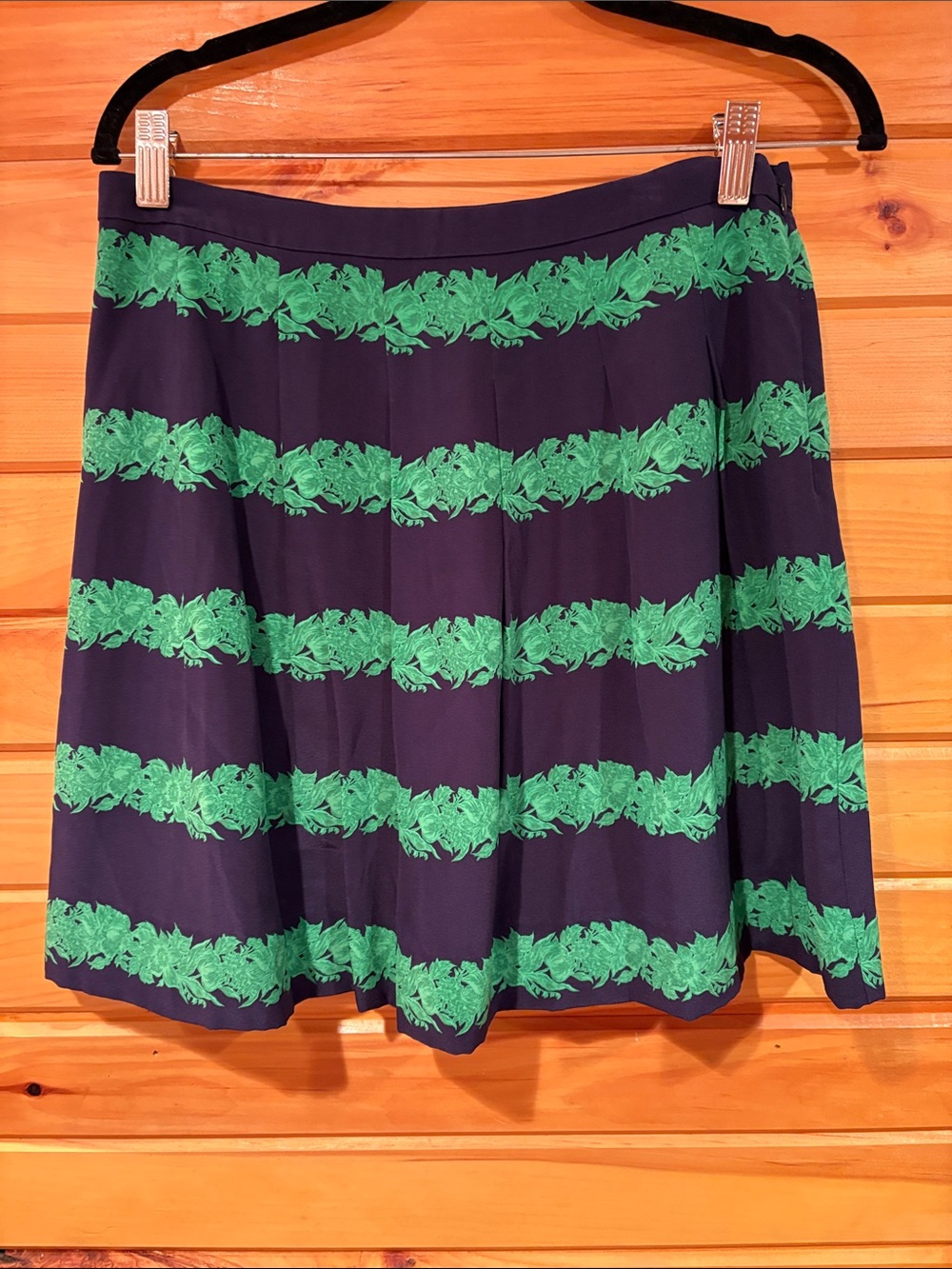 J. Crew Navy Midi Skirt with Green Floral Stripes